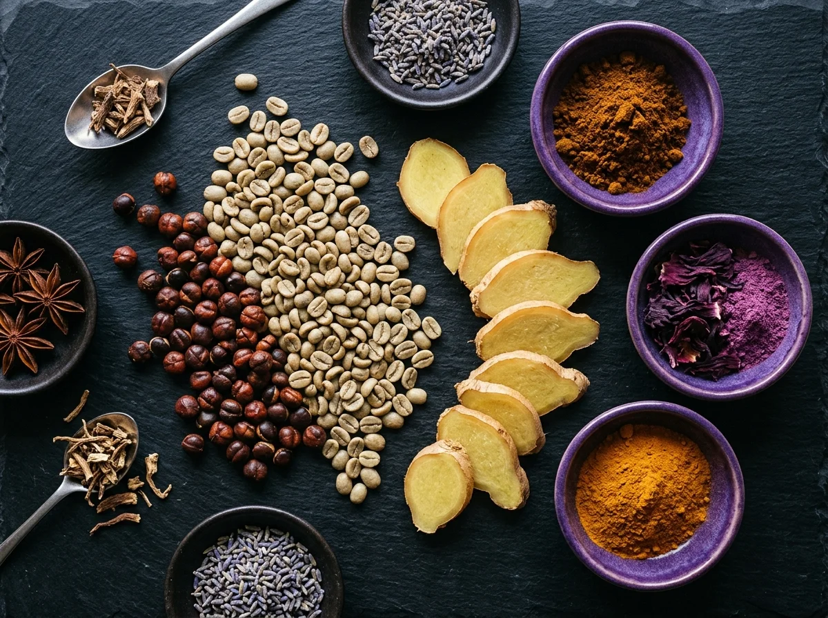 Flat-lay of guarana ginger green coffee wellness blend ingredients - green coffee beans, guarana seeds and ginger root
